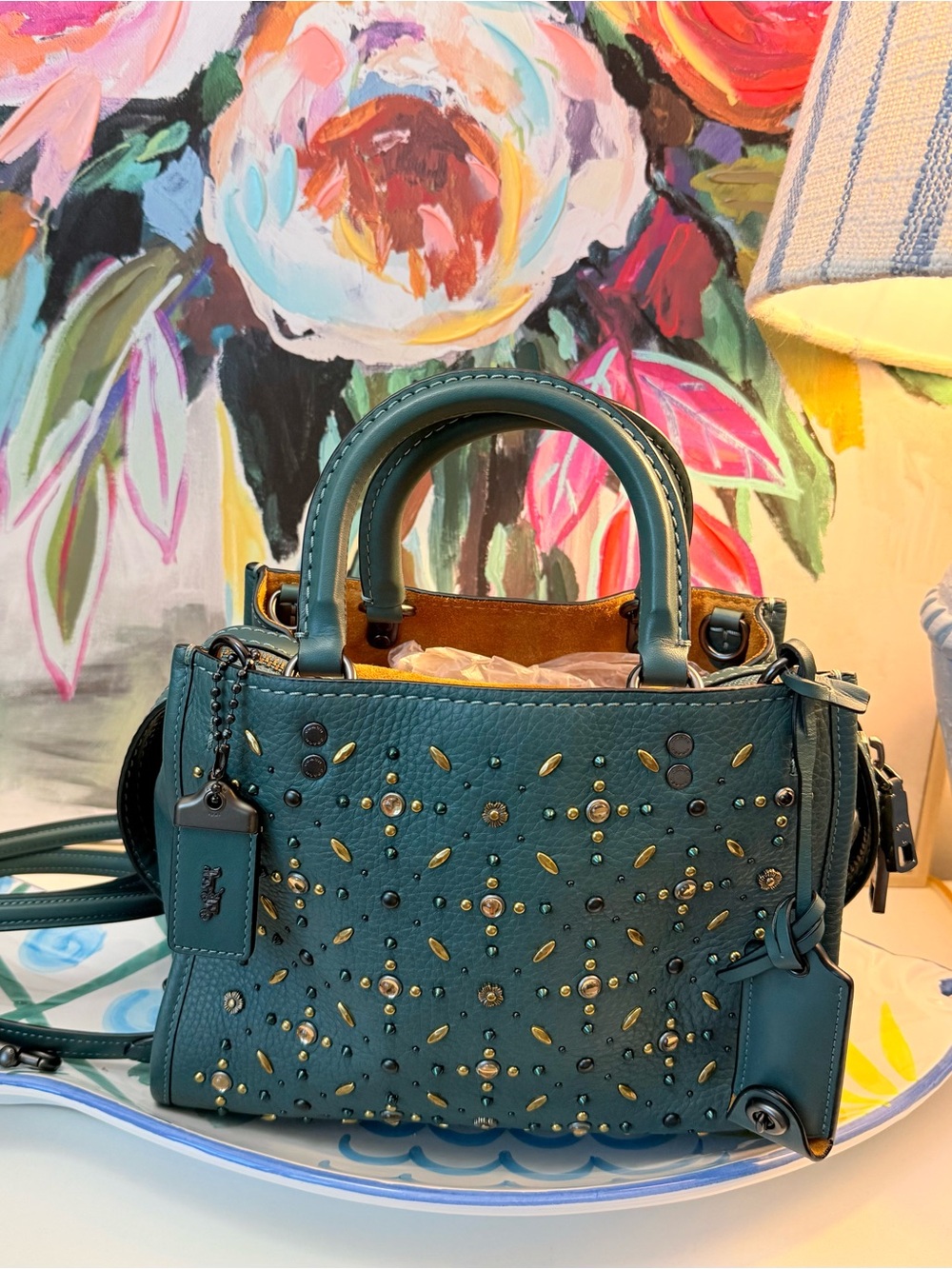 Authentic Coach Prairie Rivets Rogue 25 Teal Pebble Leather Handbag